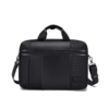 Black business briefcase with a long front zipper and shoulder strap