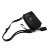 Black compact crossbody bag with shoulder strap and wrist strap