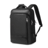 Angled view of black rectangular business backpack