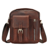 Brown vertical shoulder bag with top handle and shoulder strap