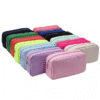 Rectangular zip cosmetic pouches in multiple sample colors