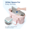Pink tote opening and padded interior illustration