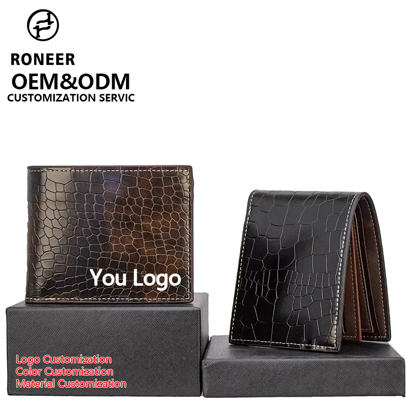 Custom PU Leather Mens Wallet Large Capacity Crocodile Pattern Short Bifold Wallet Low Price