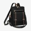 Black and brown convertible backpack with top handle, shoulder straps and separate carry strap