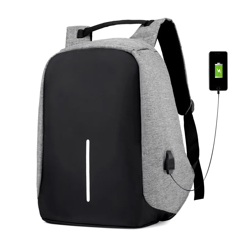  Anti-theft USB charging backpack with multiple compartments and a sleek design, ideal for secure travel and device charging.