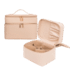 Beige cosmetic case shown closed and open with internal dividers