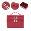 Burgundy cosmetic case with close-ups of zipper pulls, handle and divider insert
