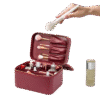 Burgundy cosmetic case with brush pockets and bottles in divided compartments