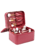Open burgundy cosmetic case showing brush storage and main compartments