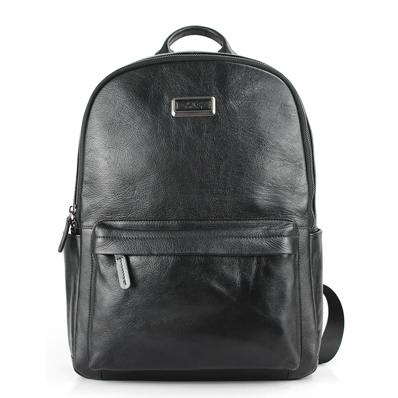 A black leather backpack featuring a zipper pocket for secure storage.
