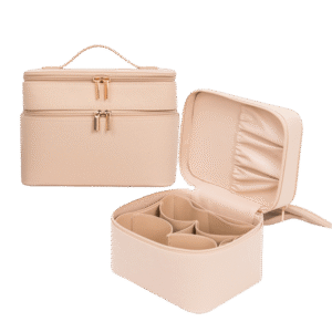  Elegant nude leather makeup bag with various compartments for easy organization.