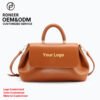 Brown satchel handbag with customizable logo area