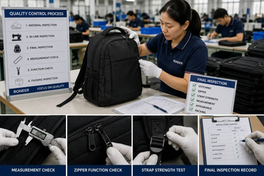 backpack quality control inspection before bulk shipment
