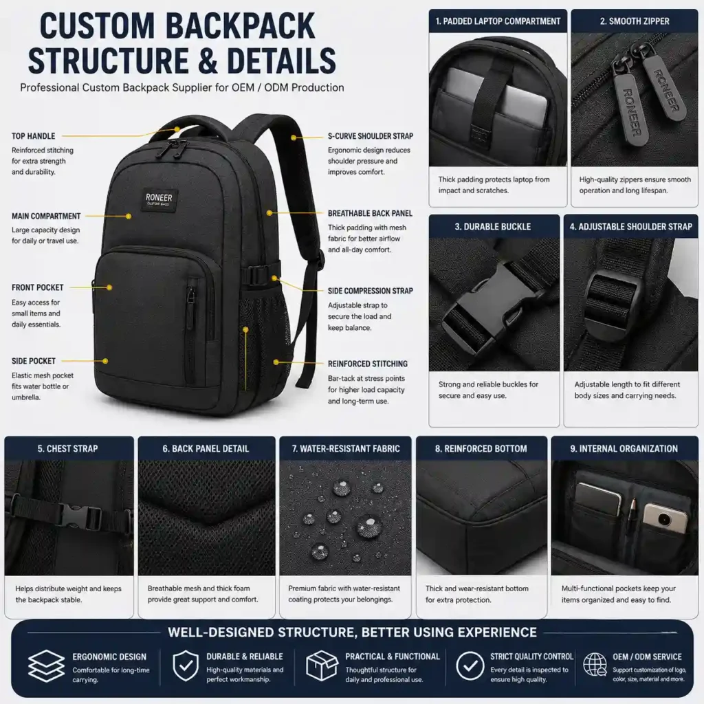 custom backpack structure zipper strap quality details