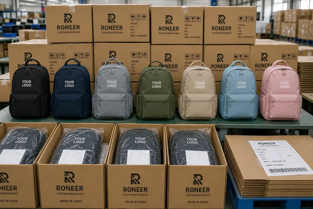 custom logo backpacks packed for global shipping