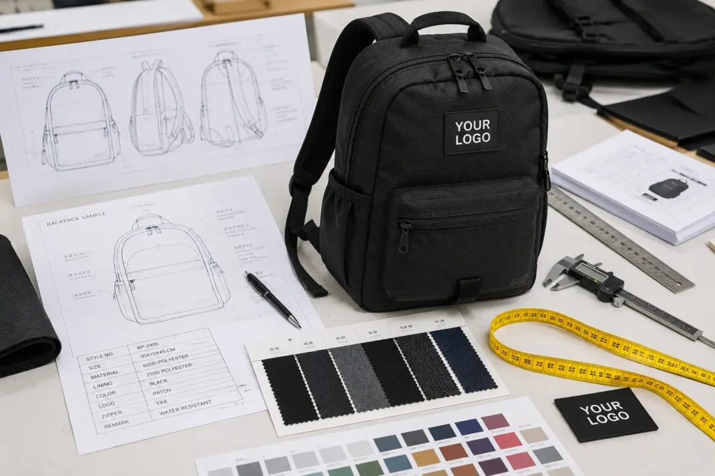 OEM backpack sampling process with measurement and logo confirmation
