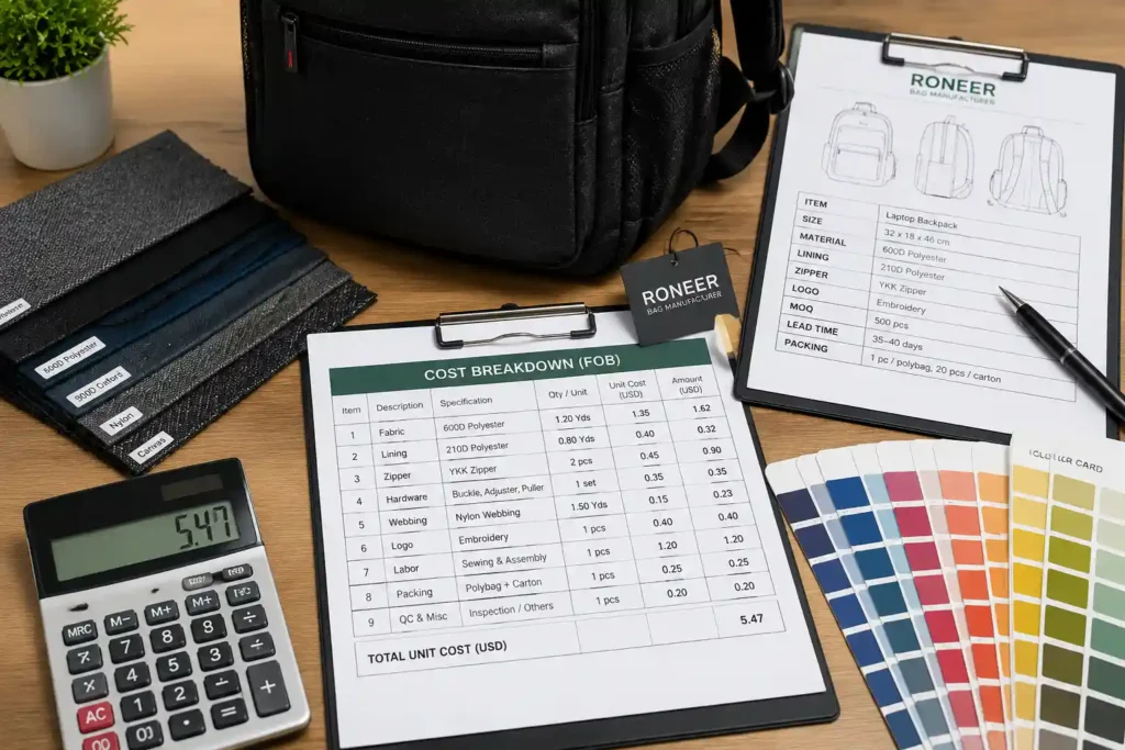backpack production cost planning with materials and sample orders