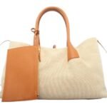 custom beige and orange cowhide linen large tote handbag front view 121733# Large