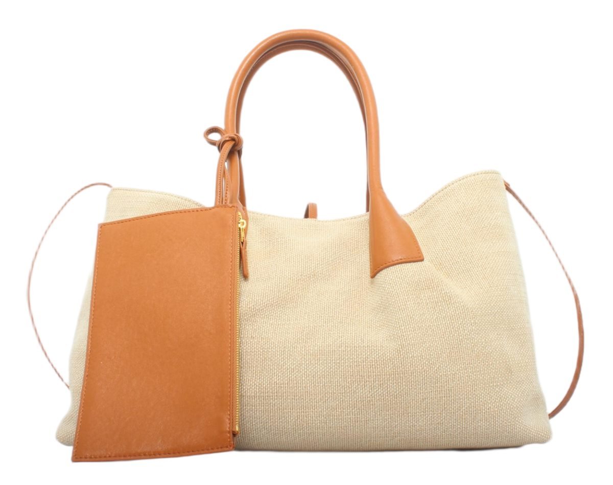 custom beige and orange cowhide linen large tote handbag front view 121733# Large