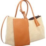 custom beige and orange cowhide linen large tote handbag side view 121733# Large