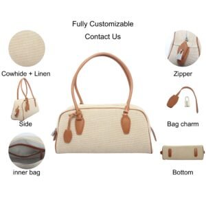 custom beige cowhide and linen top handle handbag feature overview 121749-1#