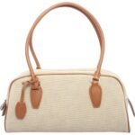 custom beige cowhide and linen top handle handbag front view 121749-1#