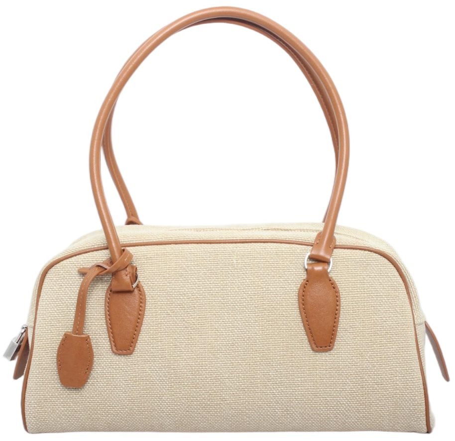 custom beige cowhide and linen top handle handbag front view 121749-1#