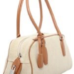 custom beige cowhide and linen top handle handbag side view 121749-1#