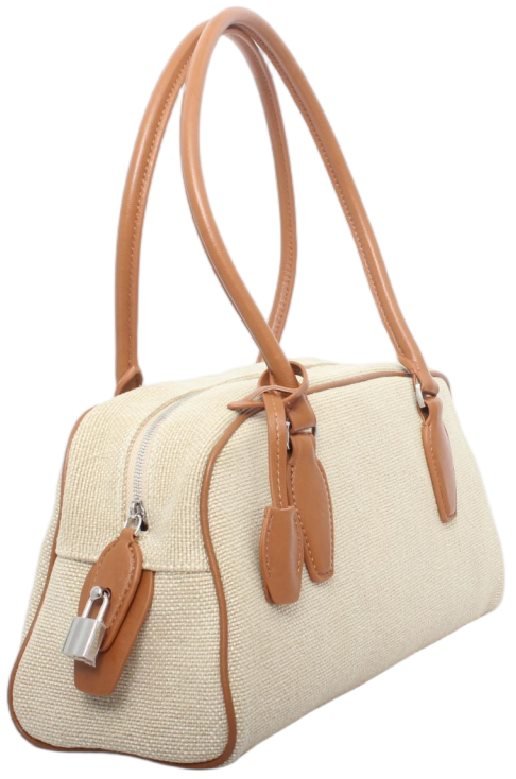 custom beige cowhide and linen top handle handbag side view 121749-1#