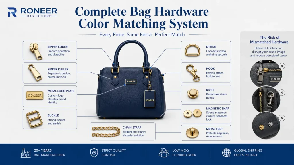 Complete bag hardware color system matching zipper slider zipper puller logo plate buckles D-rings hooks and rivets