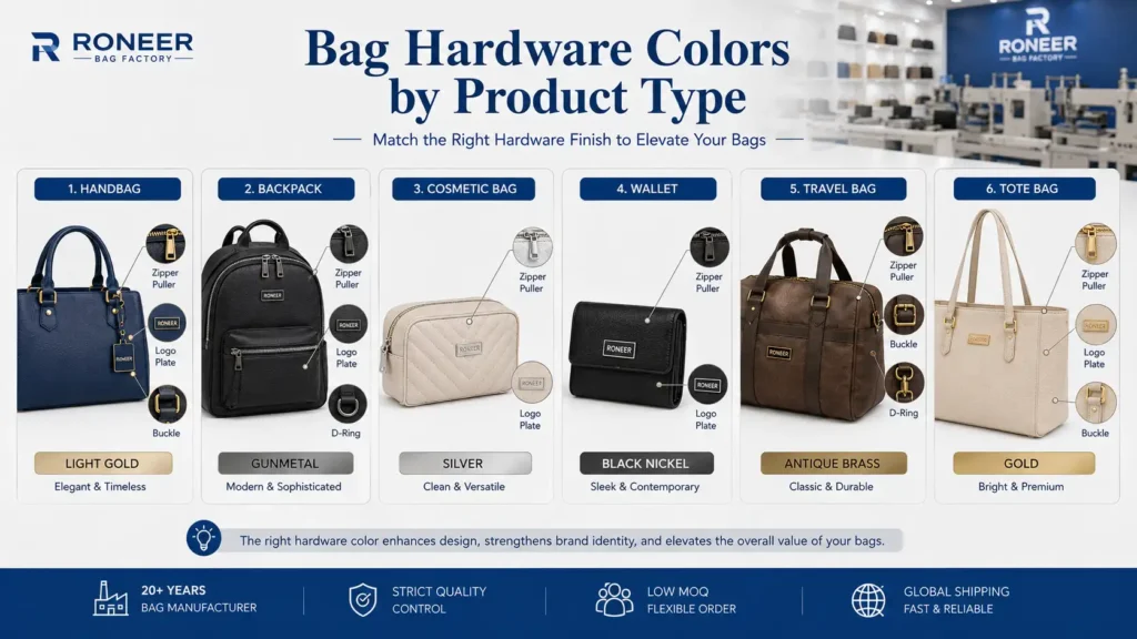 Bag hardware colors by product type for handbags backpacks cosmetic bags wallets travel bags and tote bags