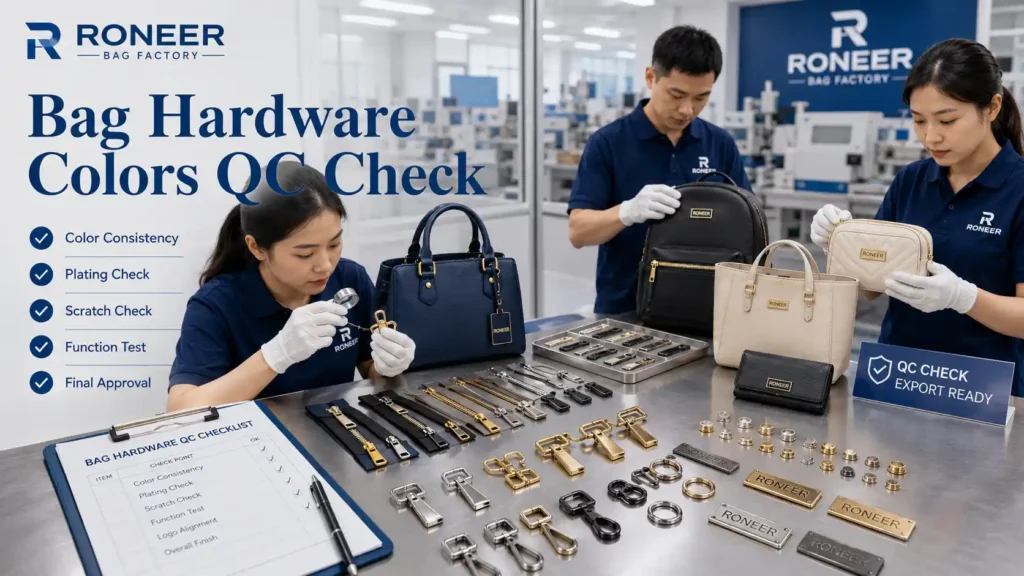 Bag hardware colors quality control checking plating consistency scratches function and final approval