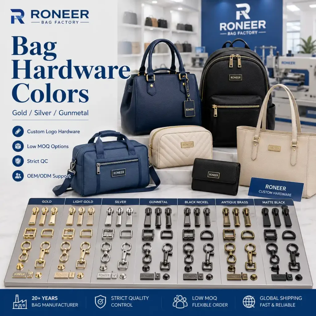 Bag hardware colors showing gold silver gunmetal black nickel antique brass zipper pullers buckles and logo plates