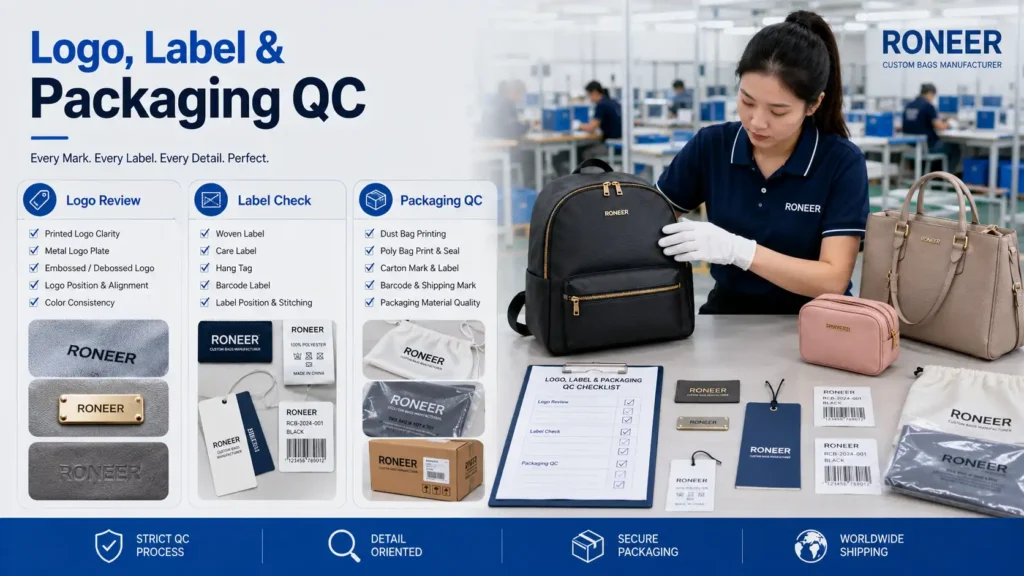 Bag QC inspection for logo placement woven labels care labels hang tags barcode labels dust bags and carton marks