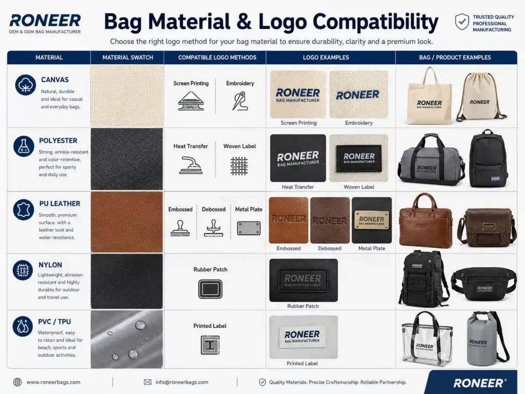 Bag material and logo customization compatibility for canvas polyester PU leather nylon and PVC TPU