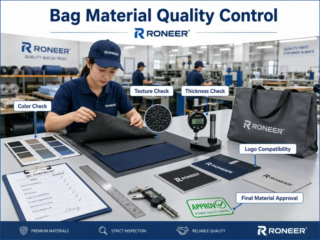 Bag material quality control checking color texture thickness logo compatibility and final approval