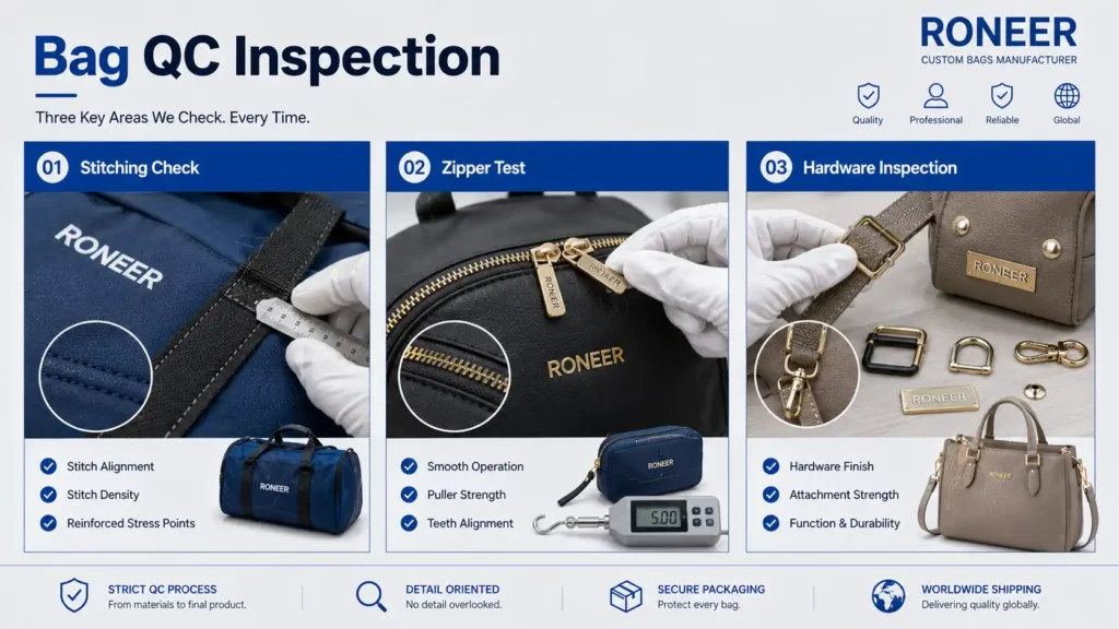 Bag QC inspection checking measurements color consistency approved samples hardware finishes and logo position