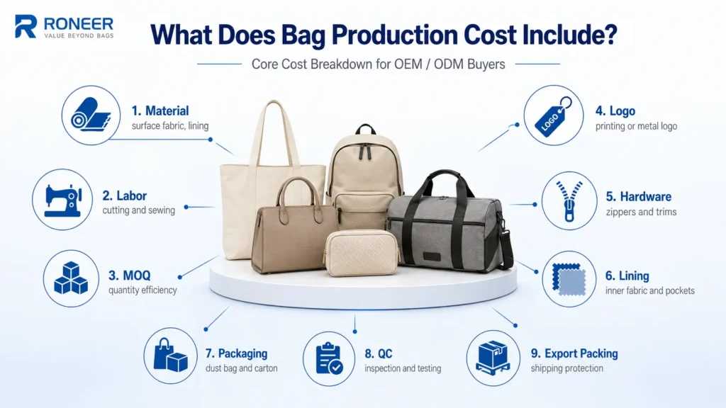 bag production cost breakdown by material labor MOQ and packaging