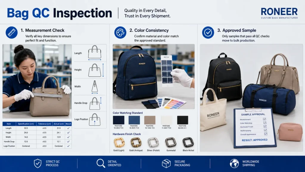 Bag QC inspection checklist for material color stitching zipper hardware logo lining measurement packaging and carton checks