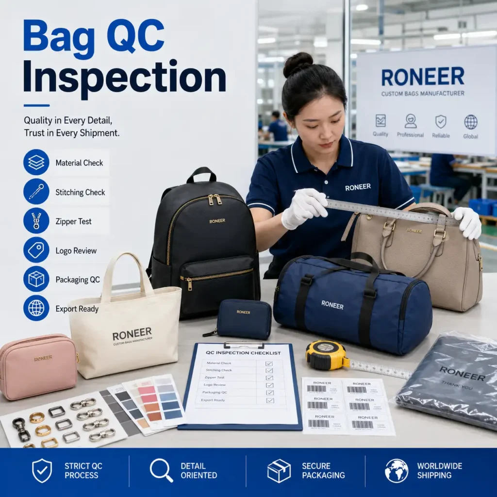 Bag QC inspection showing material check stitching zipper hardware logo packaging and export carton inspection for custom bags