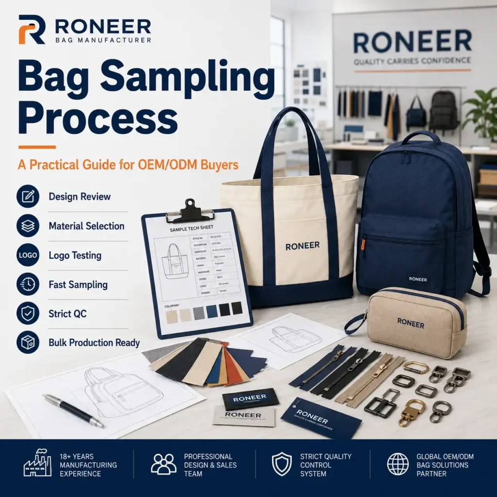 Bag sampling process showing custom bag sample development with materials logo testing and QC checklist