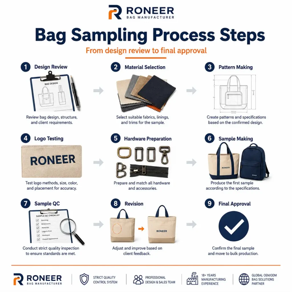 Bag sampling process steps from design review to final sample approval