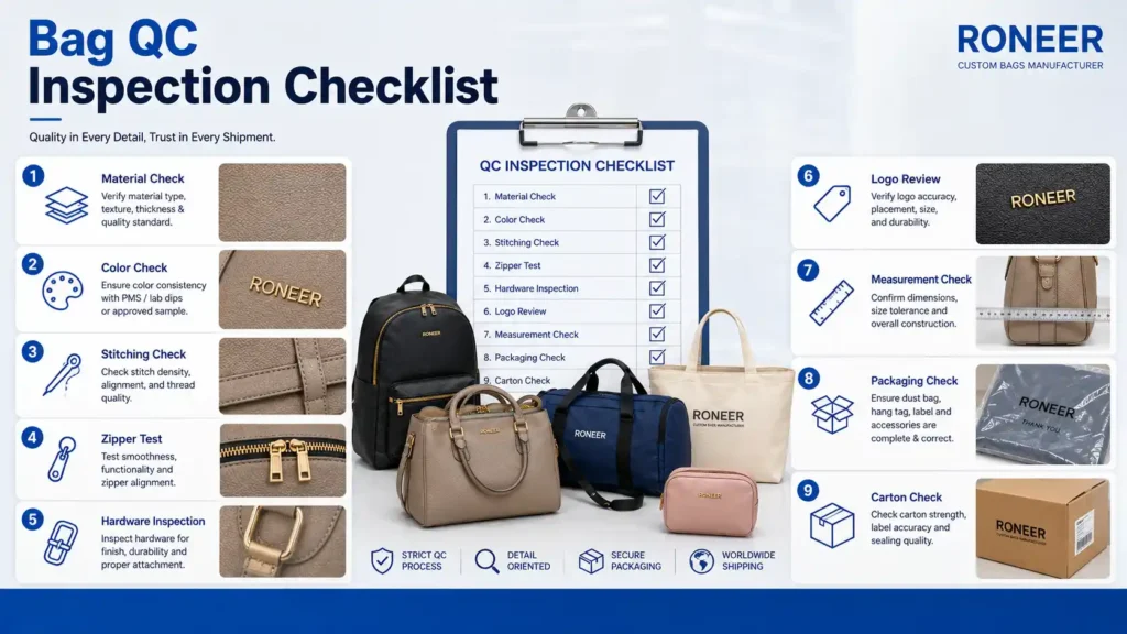Bag QC inspection for stitching zipper pullers hardware plating buckles D-rings and metal logo plates