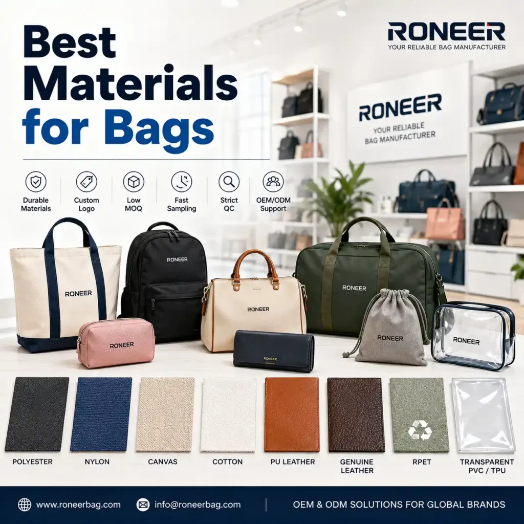 Best materials for bags showing polyester nylon canvas PU leather RPET and custom bag samples