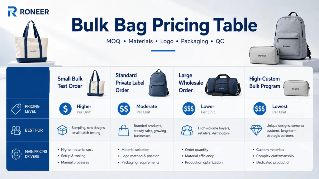 bulk bag pricing table for OEM ODM buyers