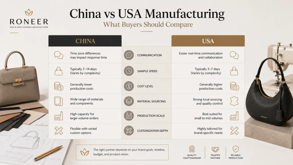 China vs USA handbag manufacturing comparison for brands