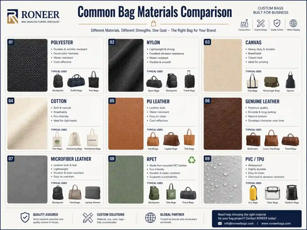 Common bag material comparison including polyester nylon canvas cotton PU leather leather RPET and PVC TPU