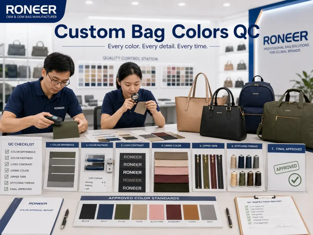 Custom bag colors quality control checking color difference fastness logo contrast lining and final approval