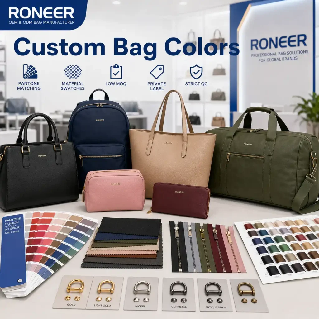 Custom bag colors showing Pantone matching material swatches zipper tapes threads and OEM ODM bag samples