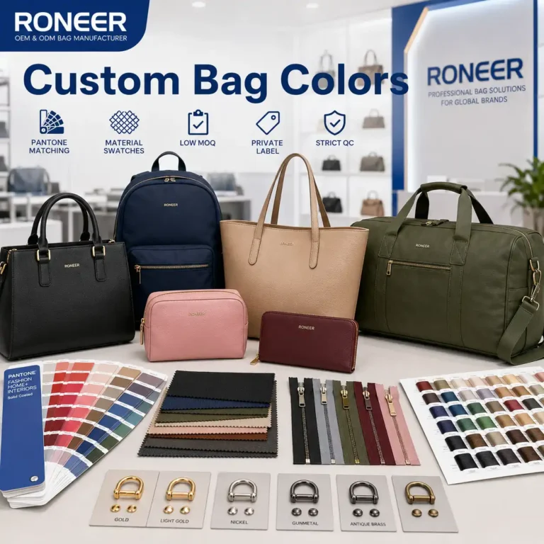 Custom bag colors showing Pantone matching material swatches zipper tapes threads and OEM ODM bag samples
